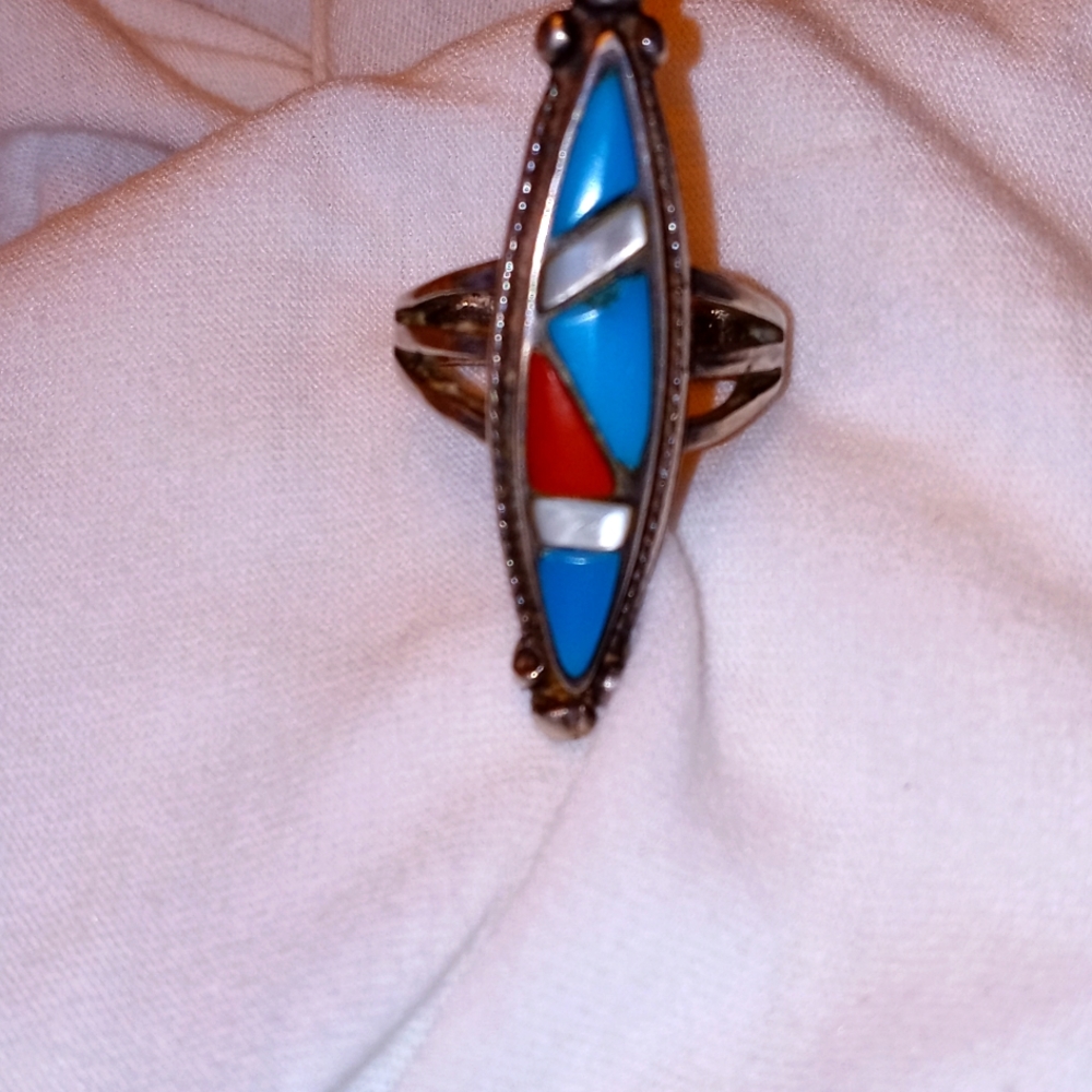 Six Stone turquoise red turquoise and mother Pearl Indian ring silver size 6